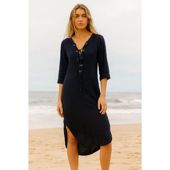 Faithfull The Brand Dark Blue Lace Up V-neck Tunic Shirt Dress Women's Sz Medium - Picture 1 of 9